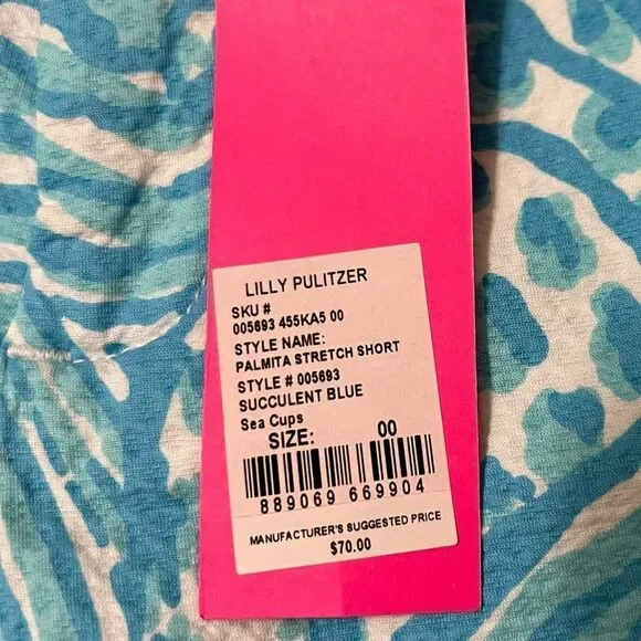 LILLY PULITZER PALMITA STRETCH SHORTS SUCCULENT BLUE SHELL BUTTON SIZE 00 NEW